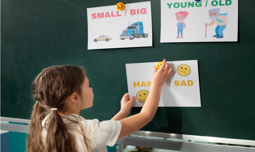 Una niña practica vocabulario en inglés en la pizarra